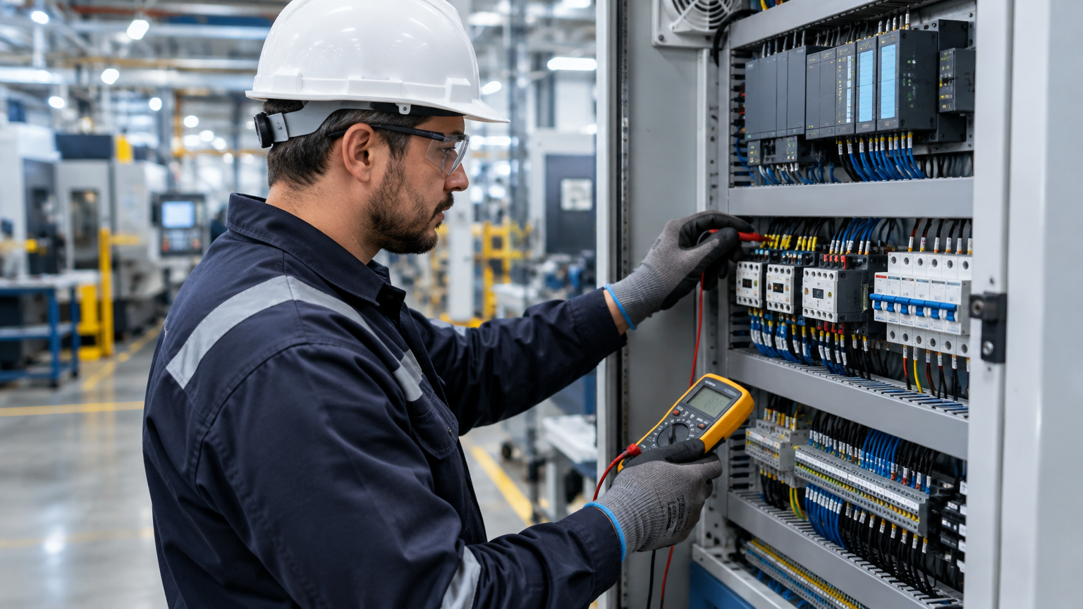 Técnico industrial inspecionando painel de comando eletrônico de máquinas em ambiente de produção