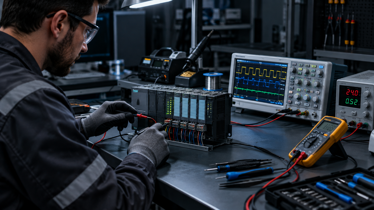 Técnico da PB TEC testando módulo de CLP com CPU e cartões de I/O em bancada de testes no laboratório