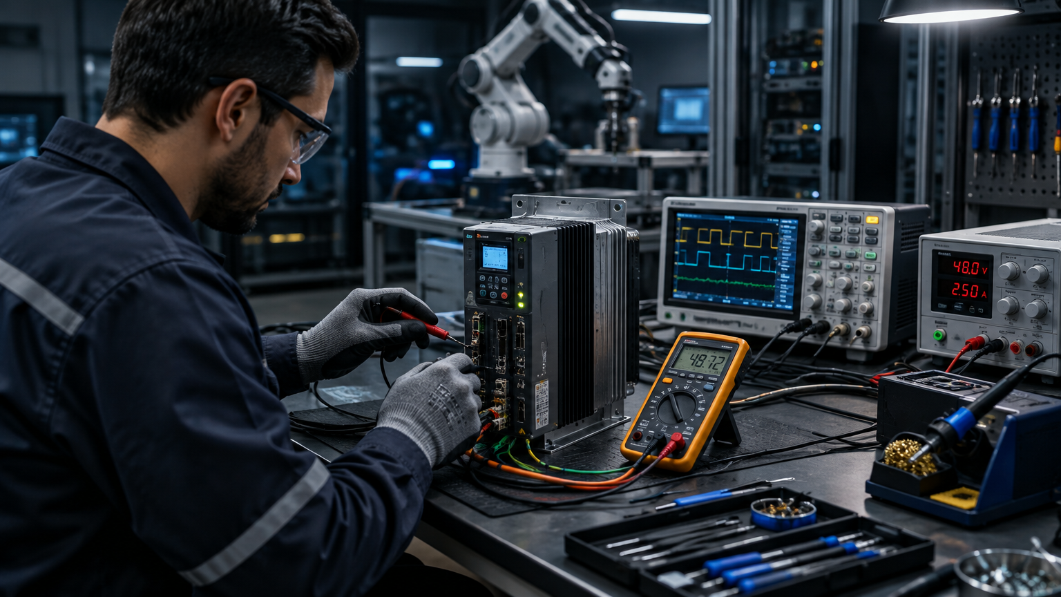 Técnico da PB TEC testando servo drive industrial em bancada de testes no laboratório