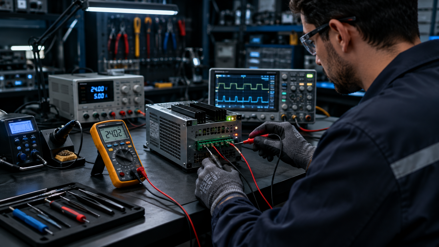 Técnico da PB TEC testando fonte de alimentação chaveada industrial em bancada de testes no laboratório