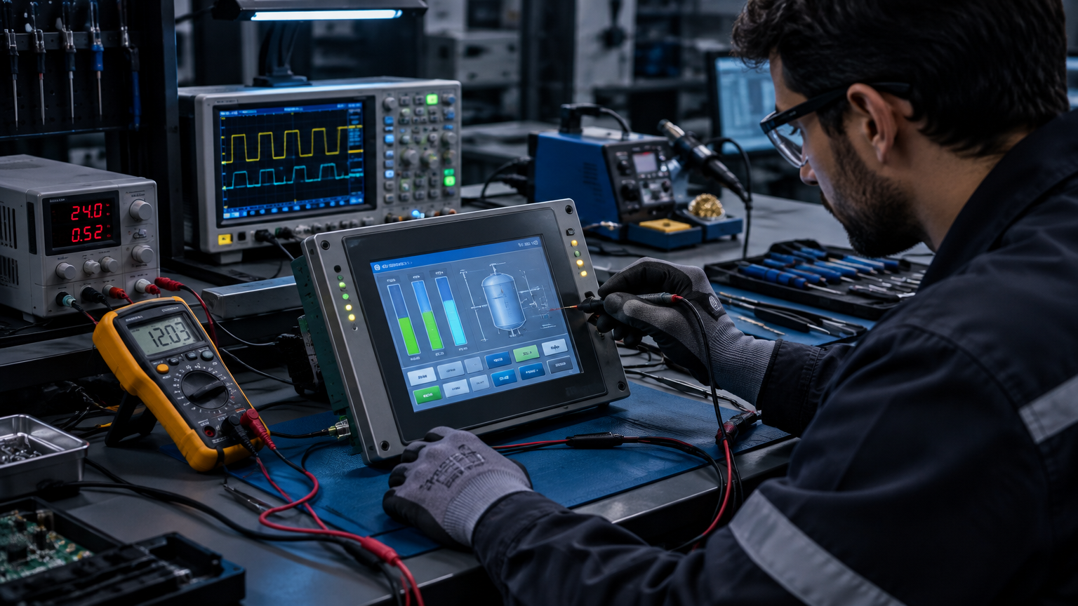 Técnico da PB TEC testando painel IHM touch screen industrial em bancada de testes no laboratório