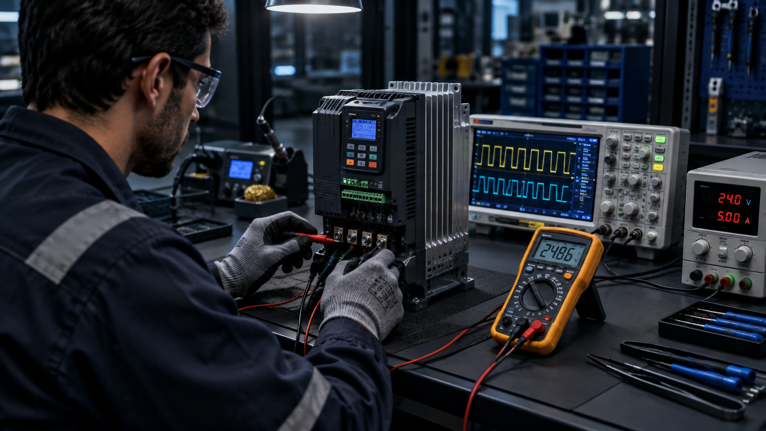 Técnico da PB TEC inspecionando inversor de frequência em bancada de testes no laboratório