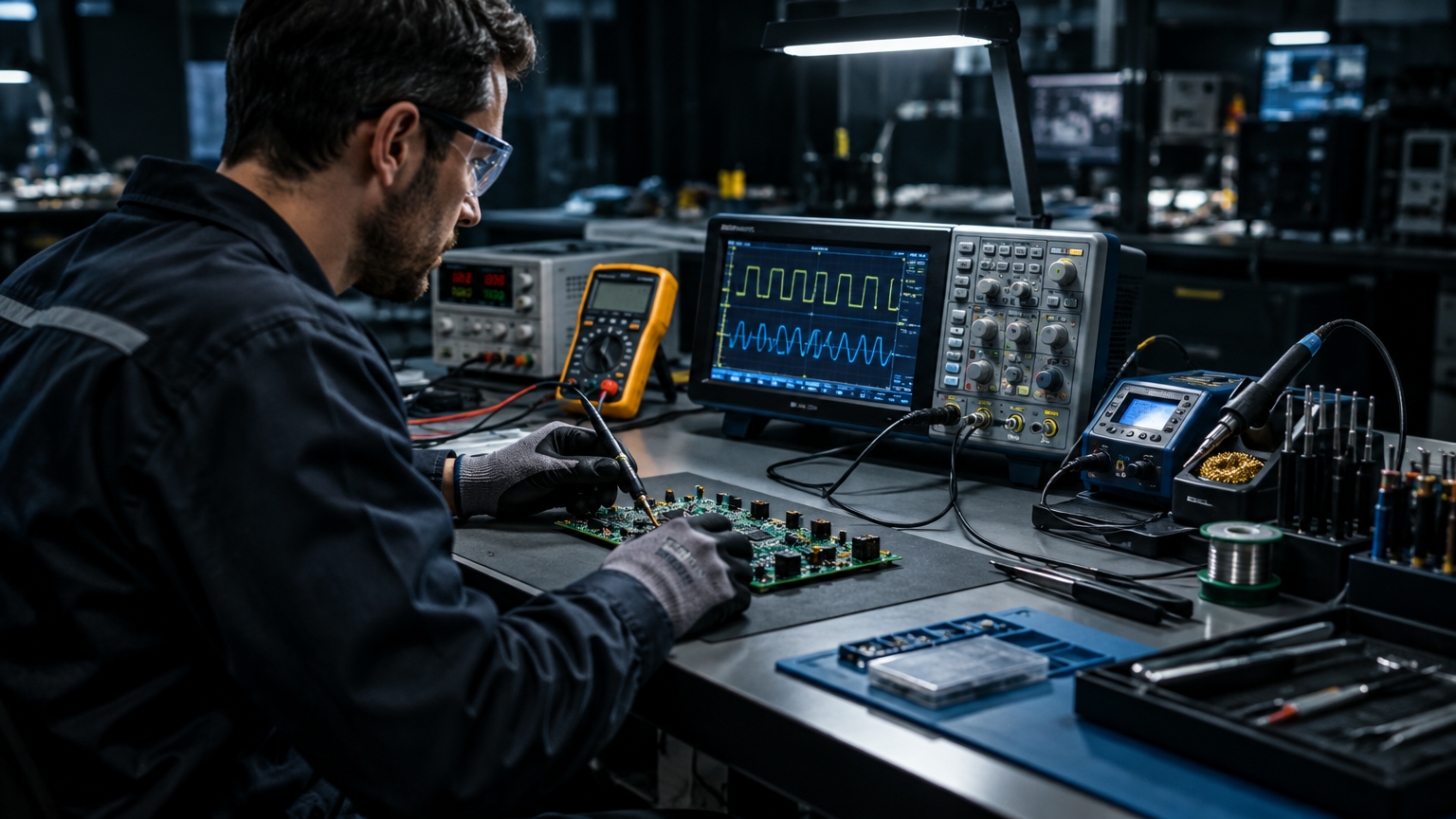 Técnico da PB TEC inspecionando placa de circuito impresso (PCB) industrial em bancada de testes no laboratório